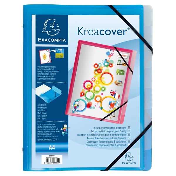 Exacompta 10x Krea Cover Multipart File med 3 klapper og elastisk rem, PP, A4 - assorterede farver 55380E
