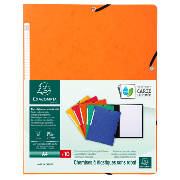 Exacompta 50x Elastikmappe uden klap 355gsm hårdt blankt meleret pressepap - A4-størrelse - assorterede farver 55410E