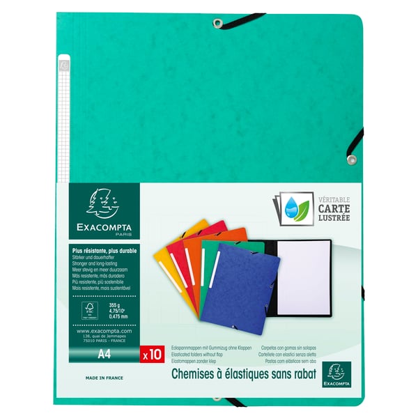 Exacompta 50x Elastikmappe uden klap 355gsm hårdt blankt meleret pressepap - A4-størrelse - Grøn 55413E