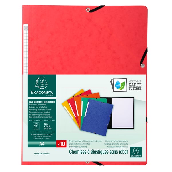 Exacompta 50x Elastikmappe uden klap 355gsm hårdt blankt meleret pressepap - A4-størrelse - Rød 55415E