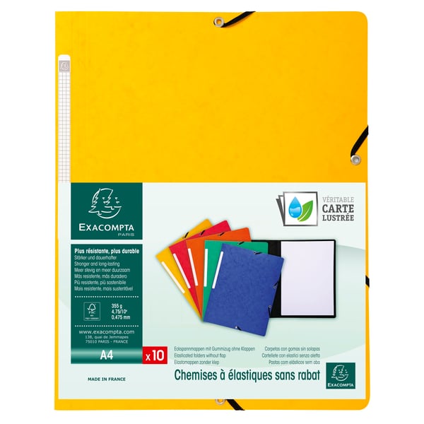 Exacompta 50x Elastikmappe uden klap 355gsm hårdt blankt meleret pressepap - A4-størrelse - Gul 55419E