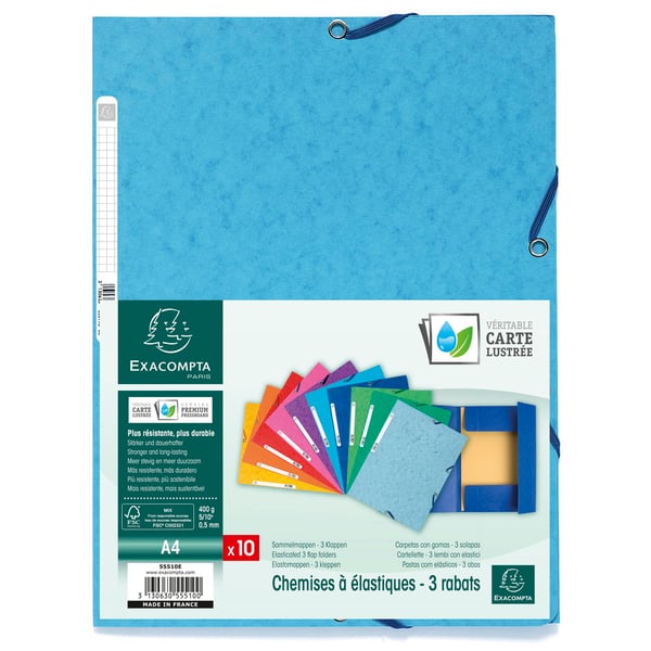 Exacompta 50x Europa Elastikmappe med 3 klapper 400gsm A4 - assorterede farver 55510E