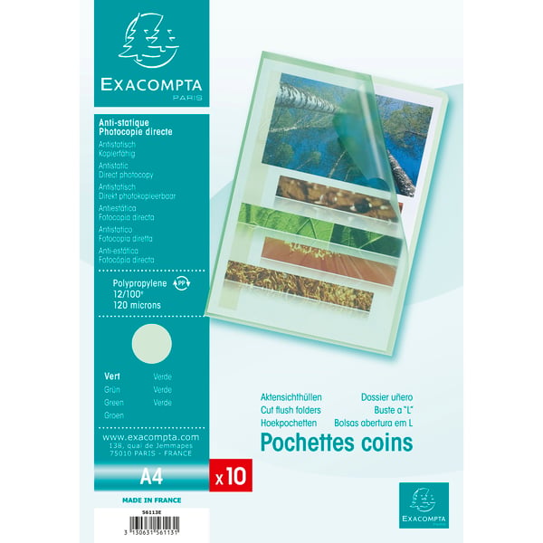 Exacompta 10x PP-folder med kornet papir, A4, pose med 10 stk. - Grøn 56113E