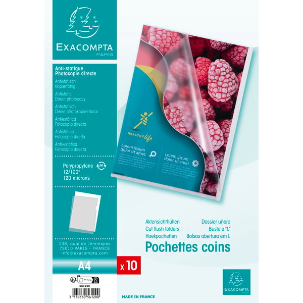 Exacompta 10x Pose med 10 hjørnelommer af polypropylen, kornede 12/100e - A4 - Krystal 56120E