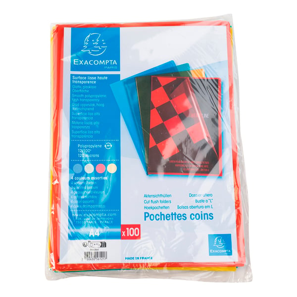 Exacompta 10x Pose med 100 Premium-hjørnelommer i glat polypropylen - A4 - assorterede farver 56121E