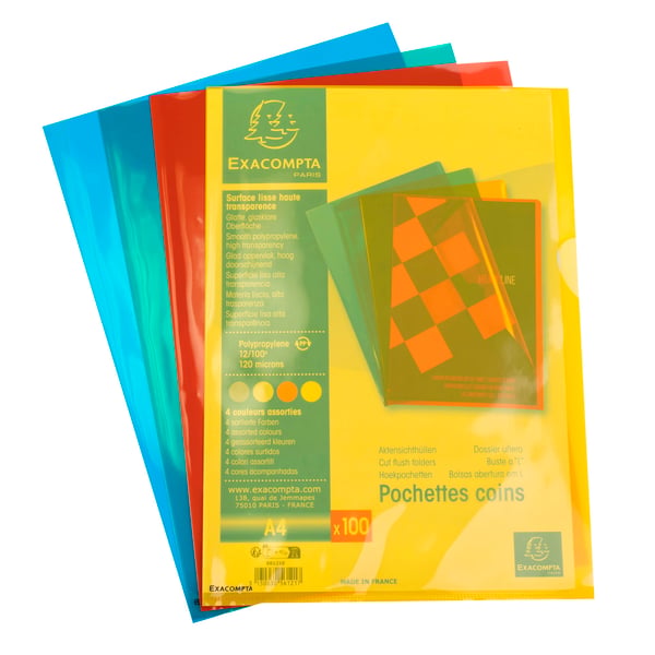 Exacompta 10x Pose med 100 Premium-hjørnelommer i glat polypropylen - A4 - assorterede farver 56121E