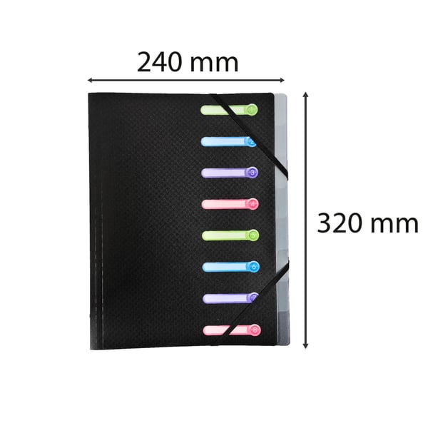 Exacompta 10x Multipartmappe med 3 klapper og elastiske stropper, Opak polypropylen 8 rum - A4-størrelse. - Sort 56181E