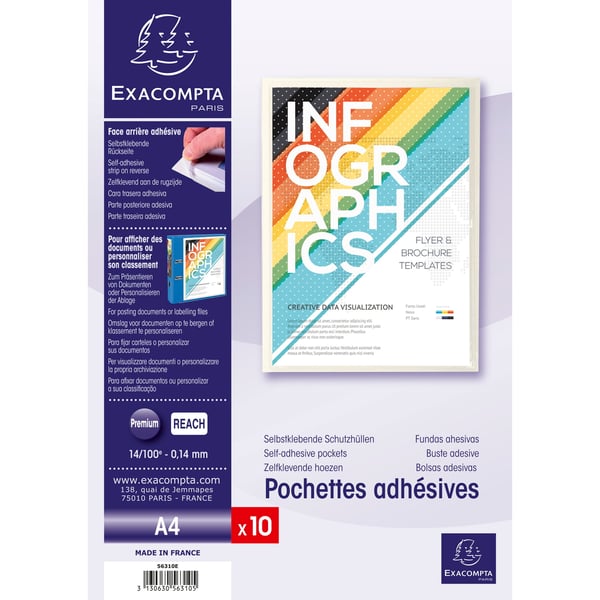 Exacompta 5x Pose med 10 selvklaebende lommer PVC 140 micron - A4 - Krystal 56310E