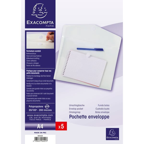Exacompta 10x PP konvolutlomme, A4, Hook & Loop, pose med 5 stk. - farveløs 56421E