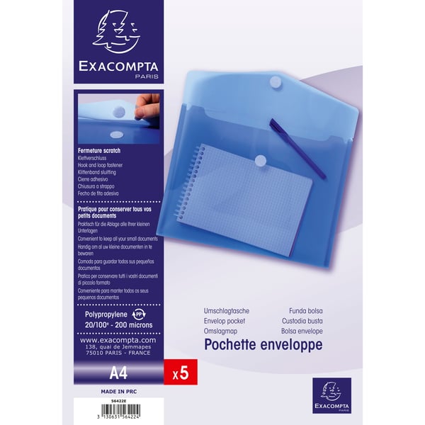 Exacompta 10x PP konvolutlomme, A4, Hook & Loop, pose med 5 stk. - Blå 56422E