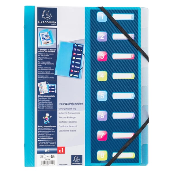Exacompta 10x Multipart mappe med 3 flapper og elastiske stropper 8 rum Crystal Colours - A4 - assorterede farver 56610E