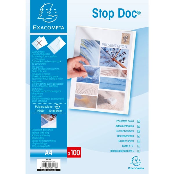 Exacompta AEske med 100 skaeremapper Stop Doc 110µ glasklar polypropylen - A4-størrelse - Krystal 5670E