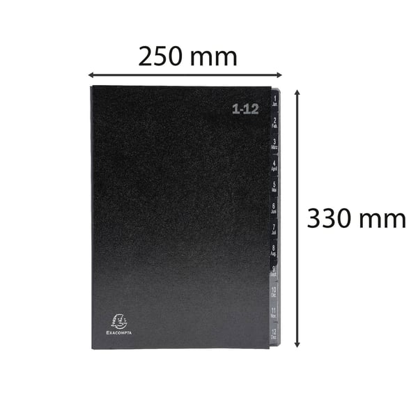 Exacompta 12x Multipart File, A4 270gsm, 12 sektioner maerket 1 til 12 - Sort 57012E