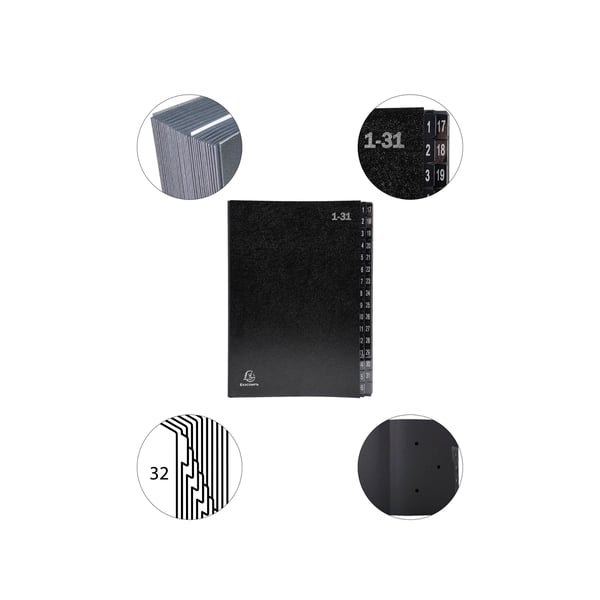 Exacompta 6x Multipart File, A4 270gsm, 32 sektioner maerket 1 til 31 - Sort 57032E