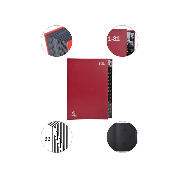 Exacompta 6x Multipart File, A4 270gsm, 32 sektioner maerket 1 til 31 - Rød 57035E