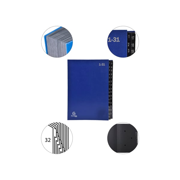 Exacompta 6x Multipart File, A4 270gsm, 32 sektioner maerket 1 til 31 - Blå 57042E