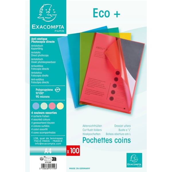 Exacompta 10x Pose med 100 hjørnelommer i polypropylen Budget - A4 - assorterede farver 57119E