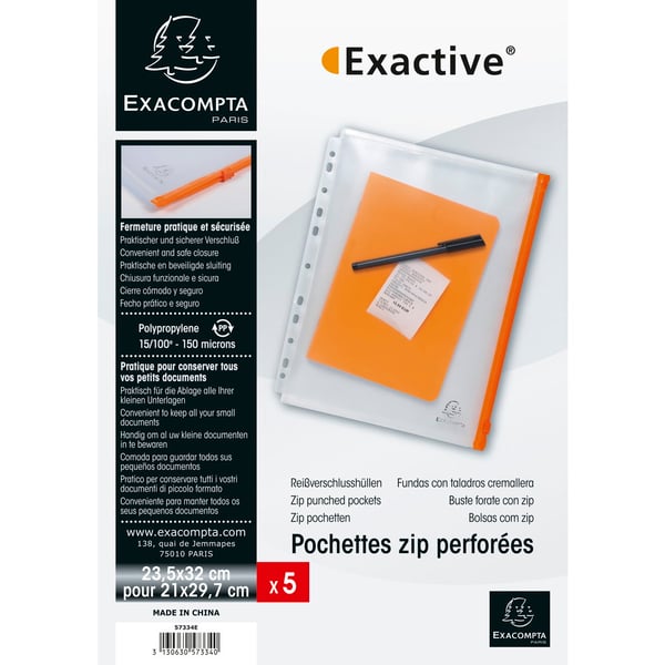 Exacompta 2x Exactive A4 konvolut med perforerede lommer ZIP A4 PP Clear - gennemskinnelig krystal 57334E