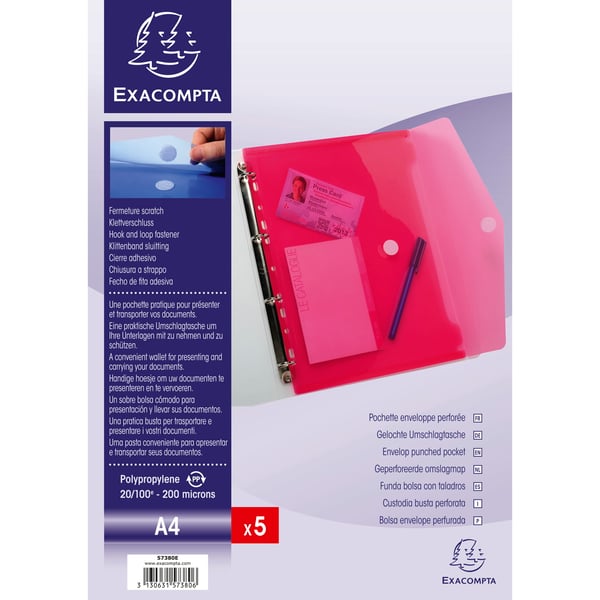 Exacompta 10x PP konvolut med perforerede lommer, A4, Hook & Loop, pose med 5 stk. - assorterede farver 57380E