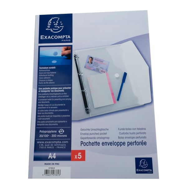 Exacompta 10x PP kuvertlomme med perforering, A4, Hook & Loop, pose med 5 - farveløs 57381E