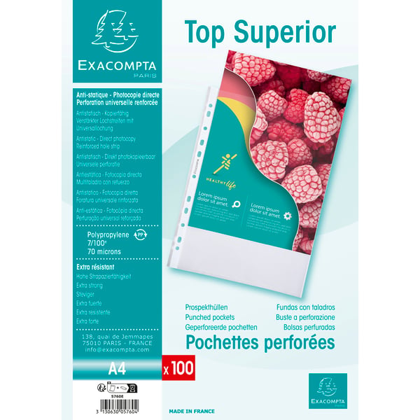 Exacompta 10x Pose med 100 perforerede polypropylenlommer Kvalitet + - A4 - Krystal 5760E