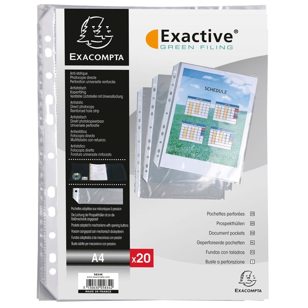 Exacompta 5x Exactive PP-perforerede lommer, A4, portraet, pose med 20 stk. - Krystal 5834E