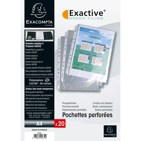 Exacompta 5x Exactive PP-perforerede lommer, A4, portraet, pose med 20 stk. - Krystal 5834E