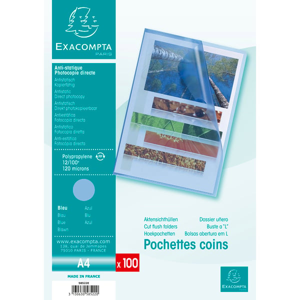 Exacompta 10x Sachet 100 lommer polypropylen grynet - A4 - Blå 58522E