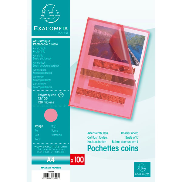 Exacompta 10x Sachet 100 lommer polypropylen grynet - A4 - Rød 58525E