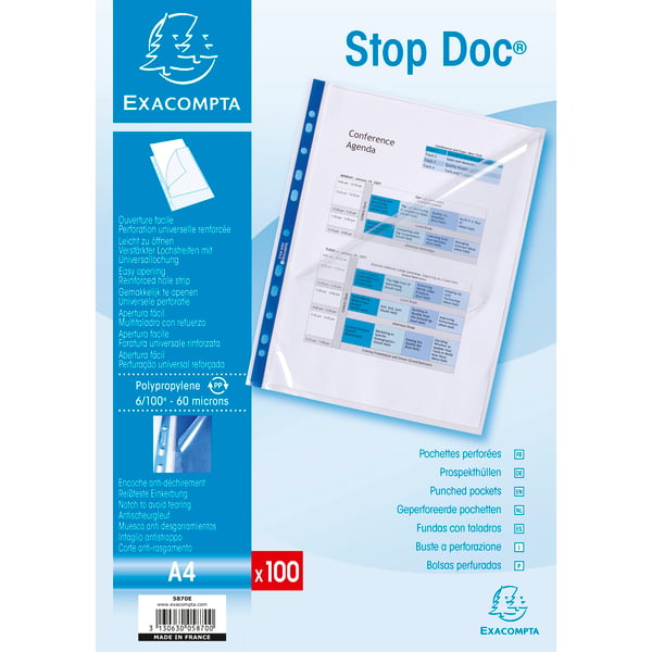 Exacompta Stop Doc Punched Pockets, Pk 100 - Krystal 5870E