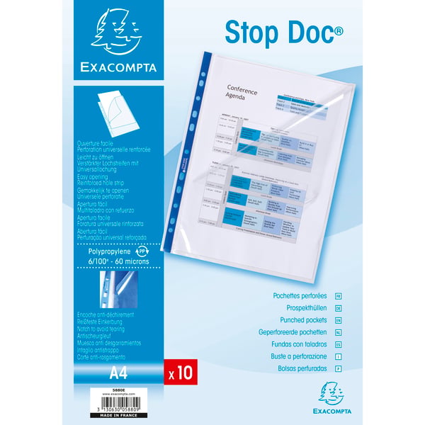 Exacompta 10x Stop Doc Punched Pockets, Pk 10 - farveløs 5880E