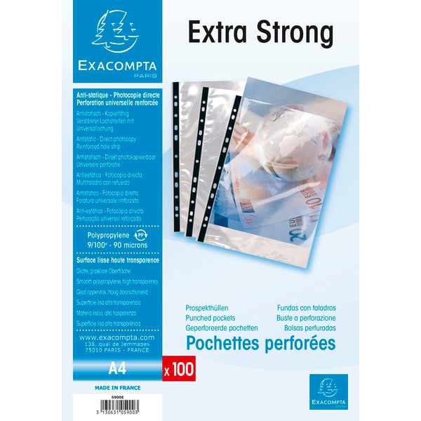 Exacompta 10x PP Punched Pockets, A4, aeske med 100 stk. - Krystal 5900E