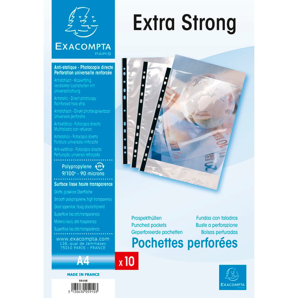 Exacompta 10x PP hullede lommer, A4, pose med 10 stk. - Krystal 5910E