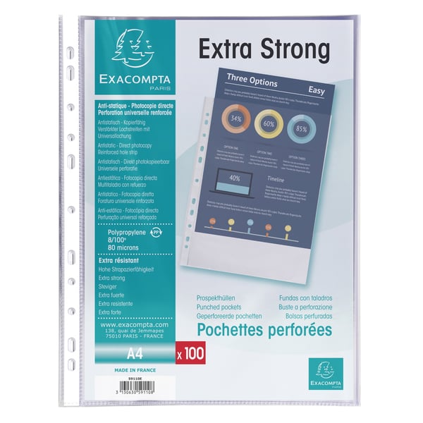 Exacompta 5x Pose med 100 stansede pkts perforeret Polypropylen Premium grained,0,8mm - A4 - Krystal 59110E