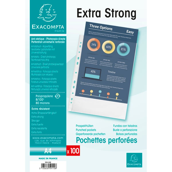 Exacompta 5x Pose med 100 stansede pkts perforeret Polypropylen Premium grained,0,8mm - A4 - Krystal 59110E