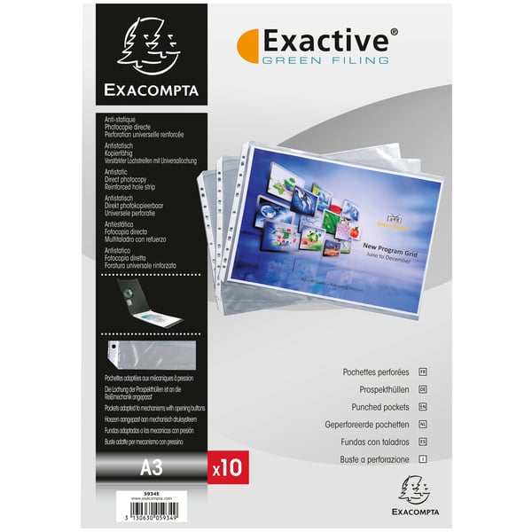 Exacompta 5x Exactive PP perforerede lommer, A3, landskab - pose med 10 stk. - Krystal 5934E
