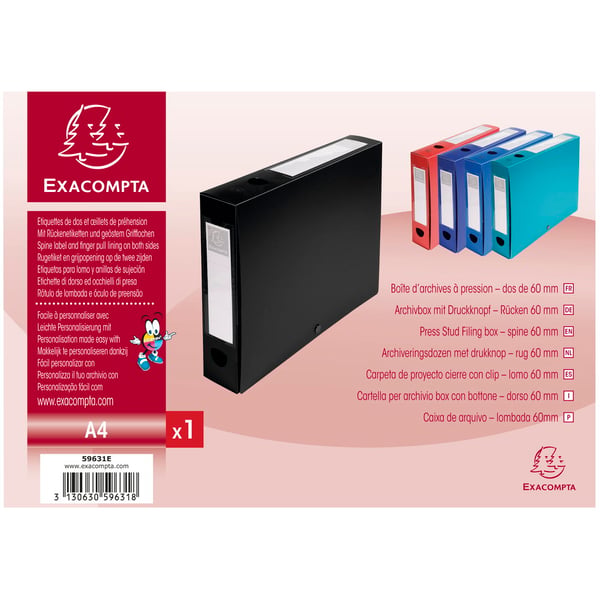 Exacompta 10x Arkivboks med trykknaplukning 60 mm ryg PP uigennemsigtig A4 - Sort 59631E