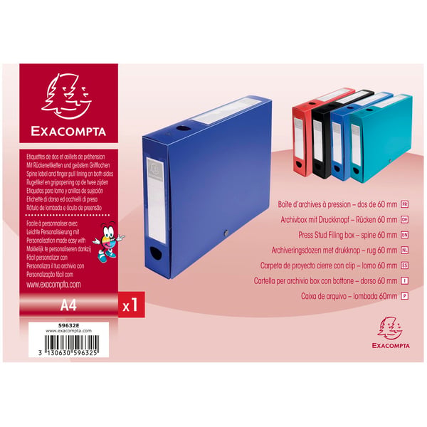 Exacompta 10x Arkivboks med trykknaplukning 60 mm ryg PP uigennemsigtig A4 - Blå 59632E