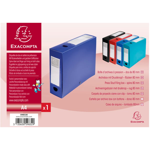 Exacompta 10x Arkivboks med trykknaplukning 80 mm ryg PP uigennemsigtig A4 - Blå 59832E