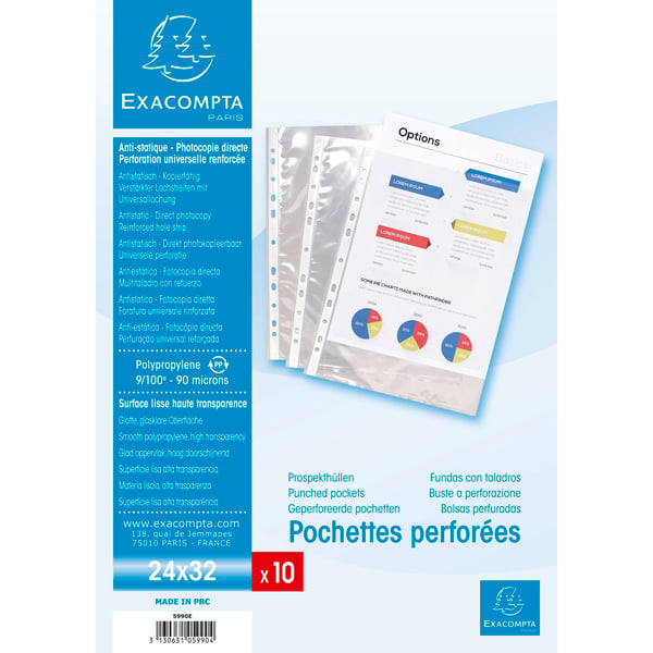 Exacompta 10x PP hullede lommer, A4 Maxi, pose med 10 stk. - Krystal 5990E