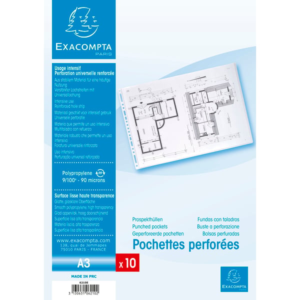 Exacompta 5x PP hullede lommer, A3, pose med 10 stk. - Krystal 6210E