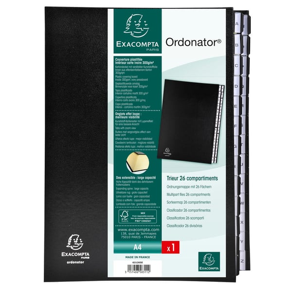 Exacompta Flerdelte mapper Ordonator 26 alfabetiske faner fra A til Z - A4 - Sort 621265E
