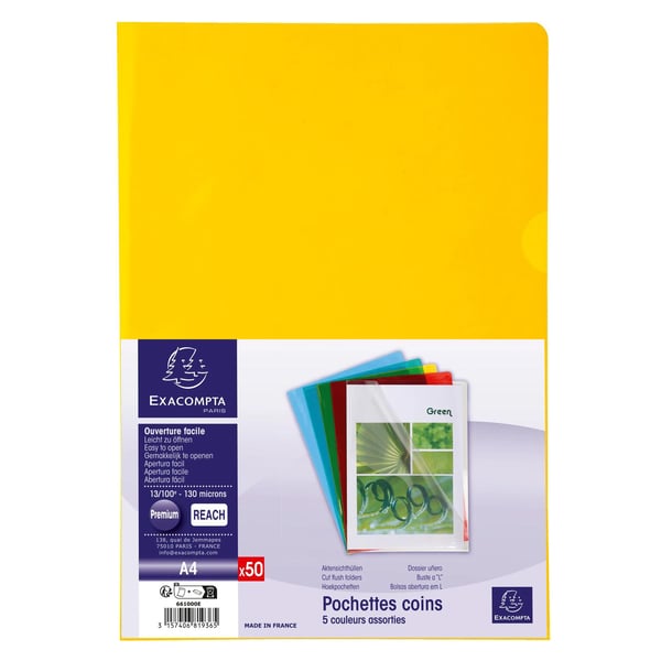 Exacompta 2x Exacompta PVC-skaeret flush mappe, A4, pose med 50 - assorterede farver 661000E