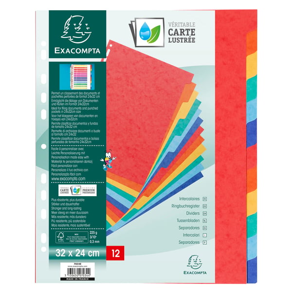 Exacompta 5x Dividers Premium Pressboard, 320x240mm, 225gsm, 12 dele - assorterede farver 7034E