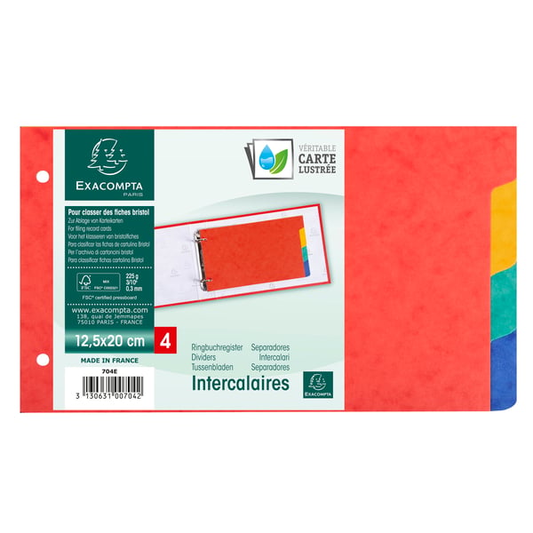 Exacompta 10x Dividers til pladskort genbrugskarton 225gsm 4 faner - 125x200mm - assorterede farver 704E