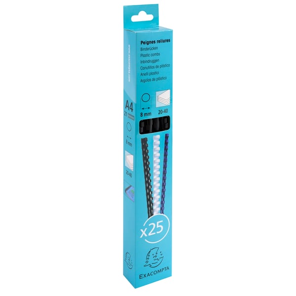 Exacompta plastbinderkamme, 8 mm tyk, A4 (aeske med 25 stk.) - Sort 76201E
