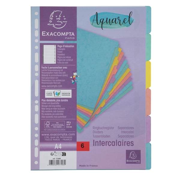 Exacompta 25x Aquarel Dividers A4 6P Pressboard 400g - assorterede farver 7706E