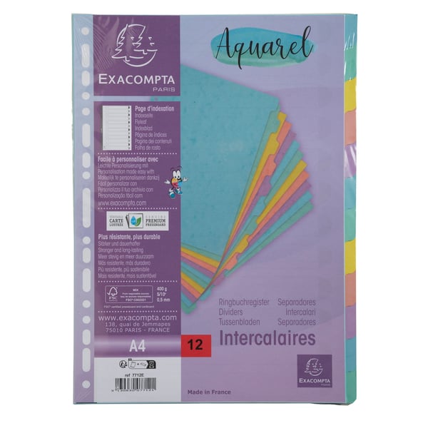 Exacompta 15x Aquarel Dividers A4 12P Pressboard 400g - assorterede farver 7712E