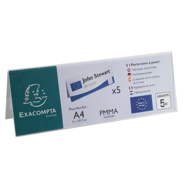 Exacompta 10x bordplade-/navneholdere (A4-laengde), pakke med 5 stk. - Krystal 84358D