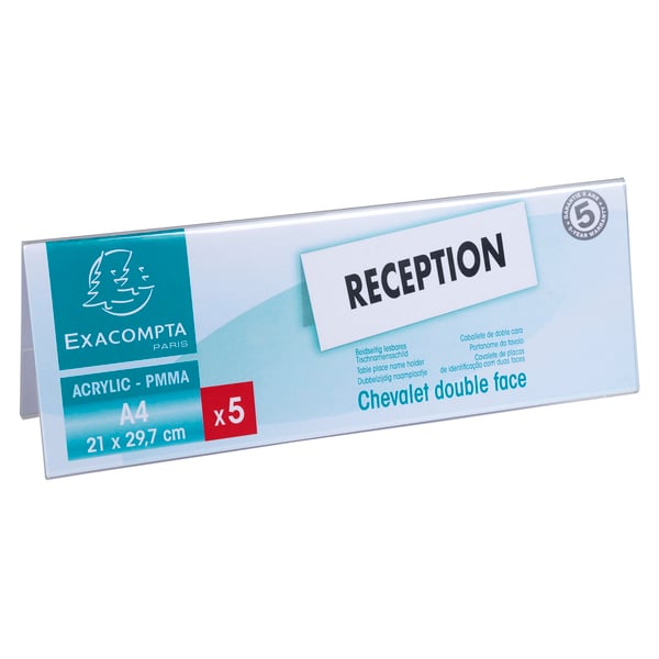 Exacompta 10x bordplade-/navneholdere (A4-laengde), pakke med 5 stk. - Krystal 84358D